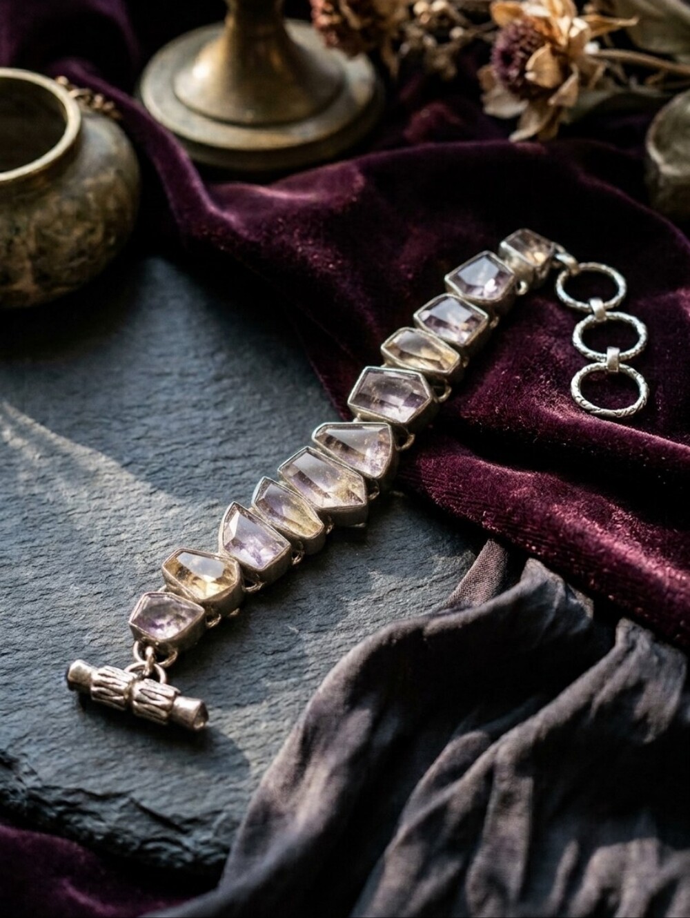 Vintage 925 Sterling Silver Ametrine Faceted Gemstone Link Toggle Bracelet 36g